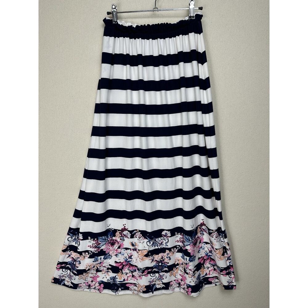 Mi Ami Women's Sz S Maxi Skirt Navy White Stripes Floral Nautical Beach Boho